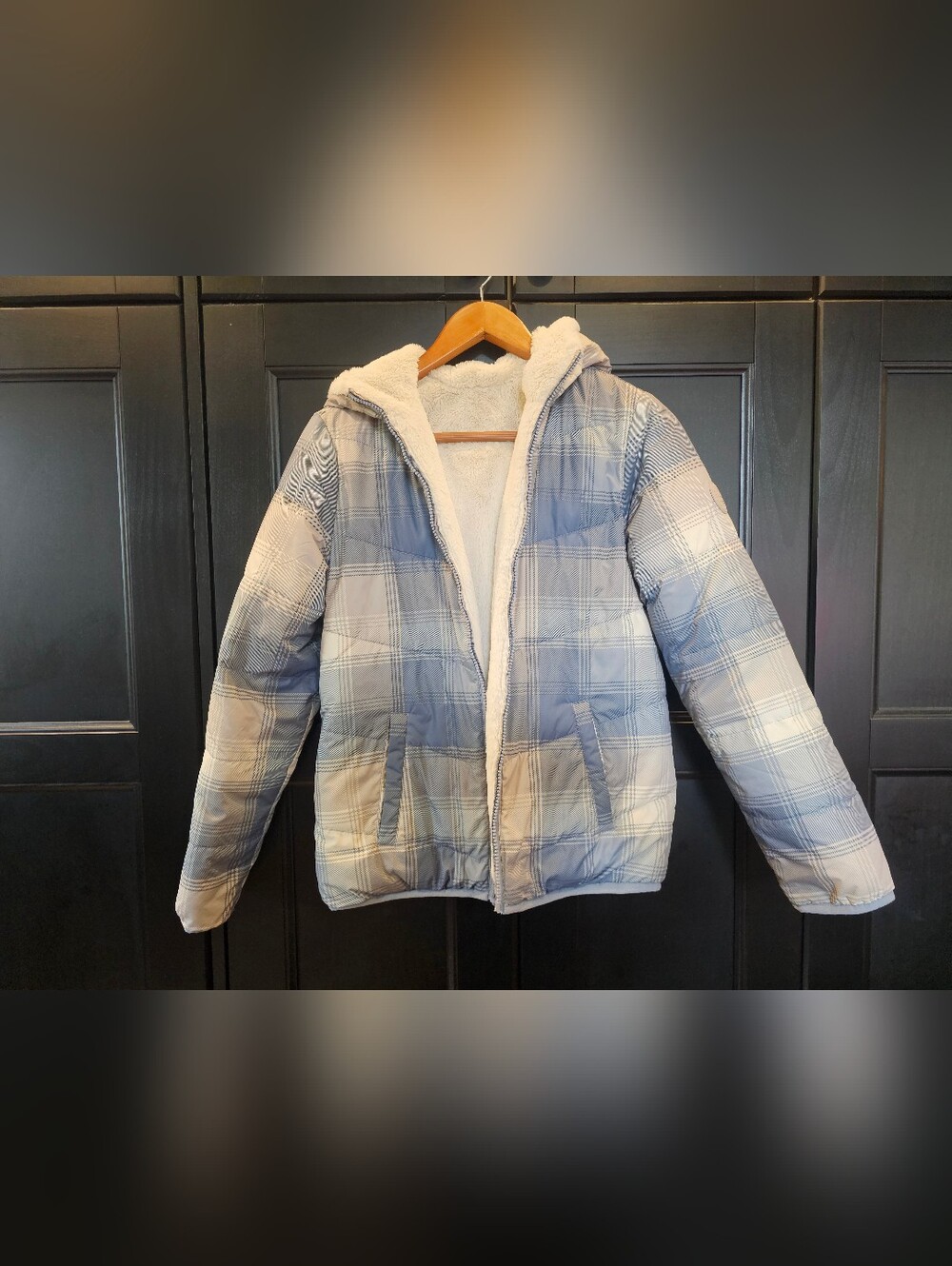 Abercrombie Kids Blue Plaid Coat With Faux Fur Lining- Size 13-14